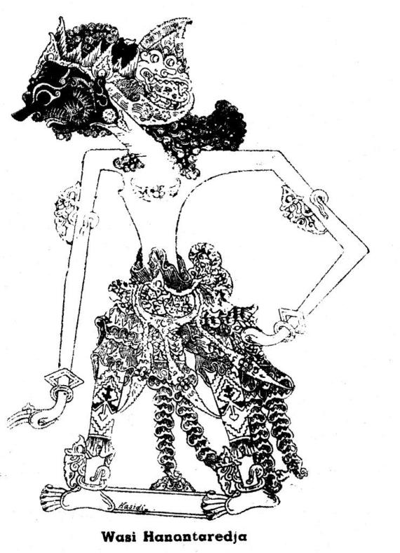 Gambar wayang kulit purwa HANANTAREJA karya Kasidi dari buku 1950-an.